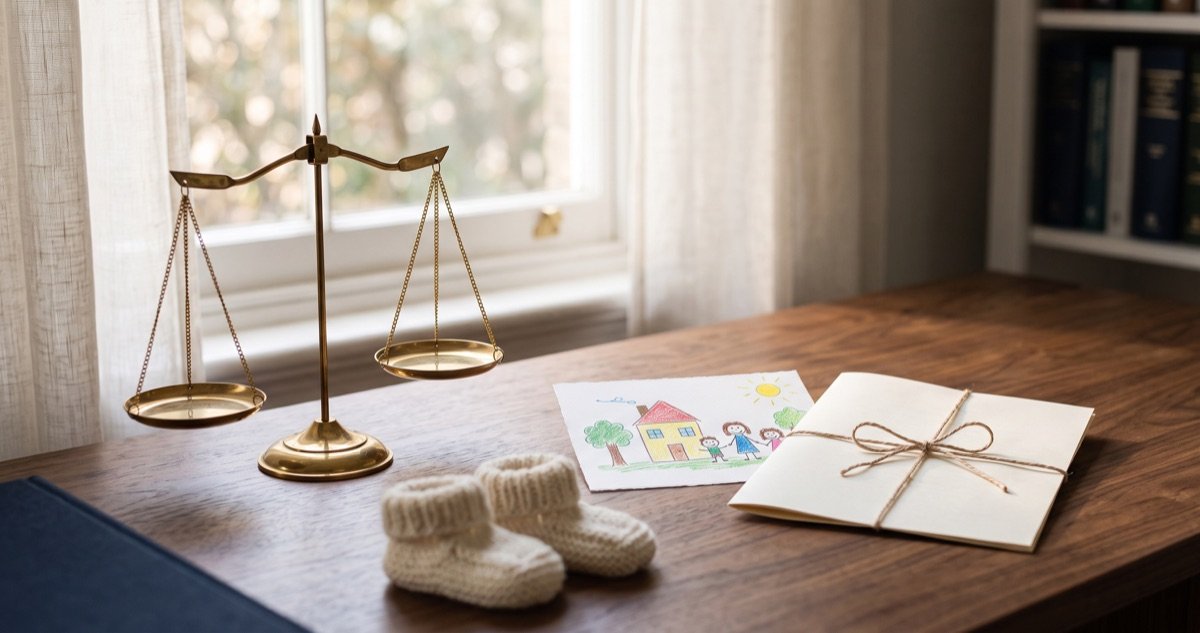 Brass balance scales beside a child's family drawing and baby booties on a lawyer's desk, illustrating child custody and the welfare of the minor in Pakistan