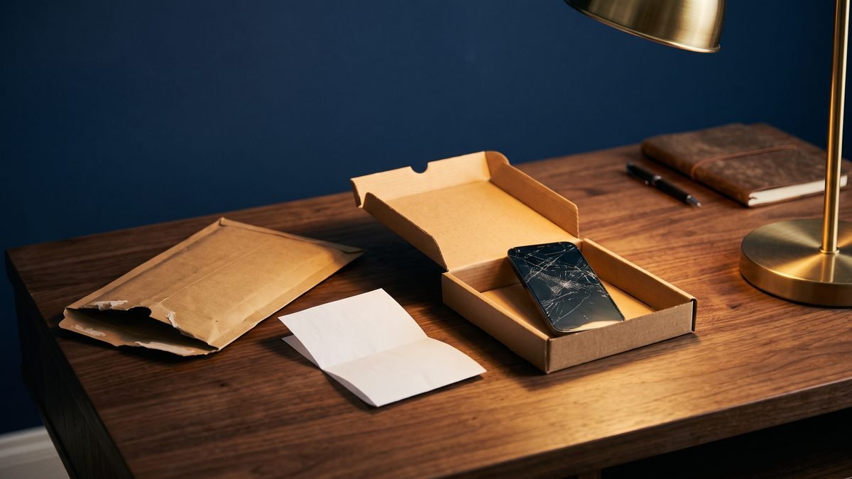 A courier envelope, a printed purchase receipt and a boxed smartphone with a cracked screen on a desk, illustrating sending a legal notice before the consumer court in Lahore