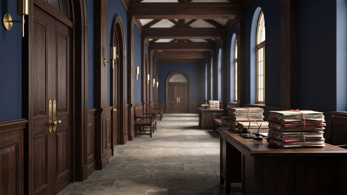 A quiet district court corridor in Lahore with wooden benches and files stacked on a clerk's table, illustrating a consumer claim hearing before a district judge