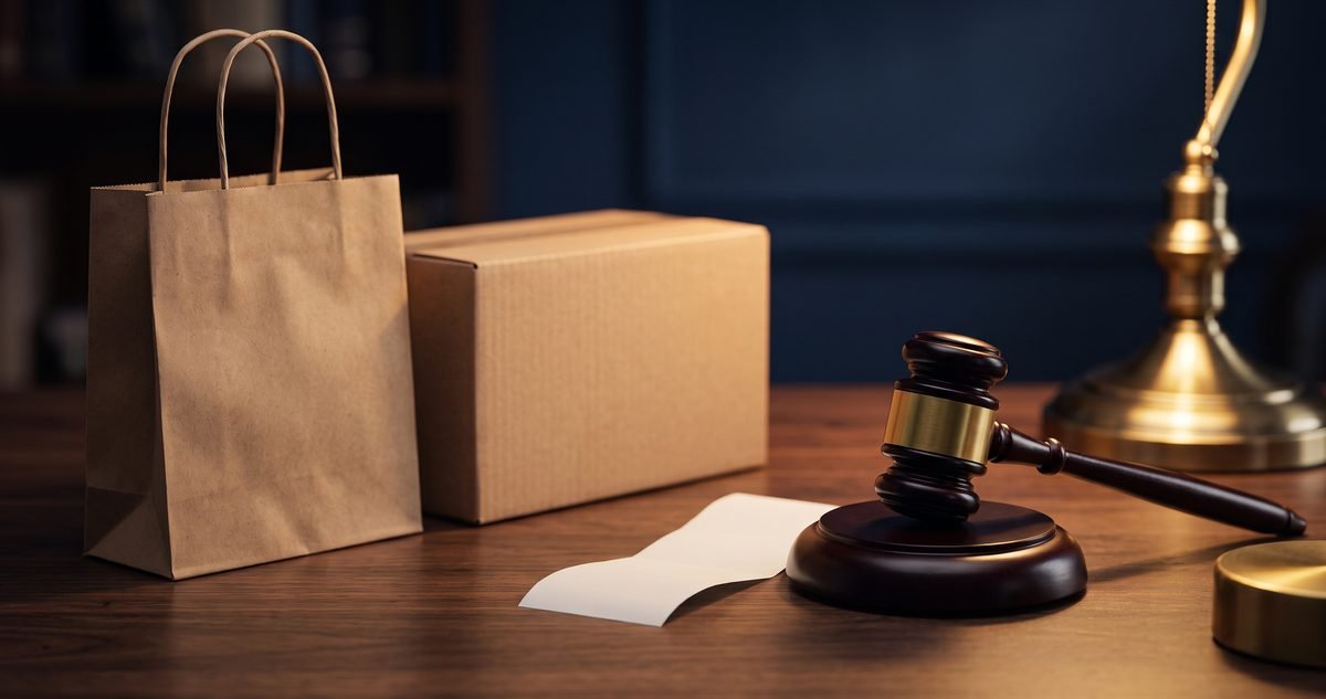 A shopping bag, boxed appliance and paper receipt beside a judge's gavel on a wooden desk, illustrating consumer court in lahore