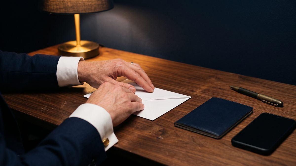 Hands in shirt sleeves sealing a plain envelope beside a passport and phone on a wooden desk, preparing papers to send to Pakistan