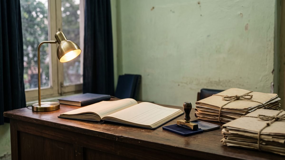 A Union Council office desk in Lahore with an open register, a rubber stamp and files tied with string, where talaq notices are recorded
