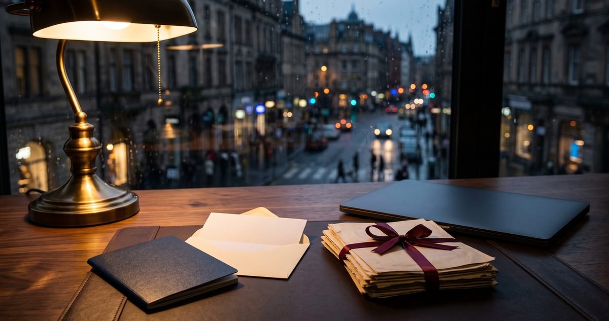 A letter, envelope, passport and tied family papers on a desk by a rainy window abroad, illustrating the divorce procedure for overseas Pakistanis