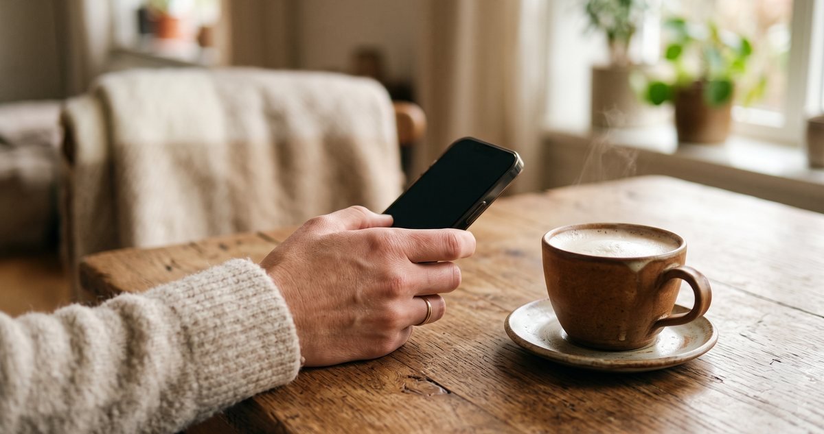 A hand holding a phone beside a cup of tea on a wooden table, illustrating reaching out for help under Pakistan's domestic violence laws