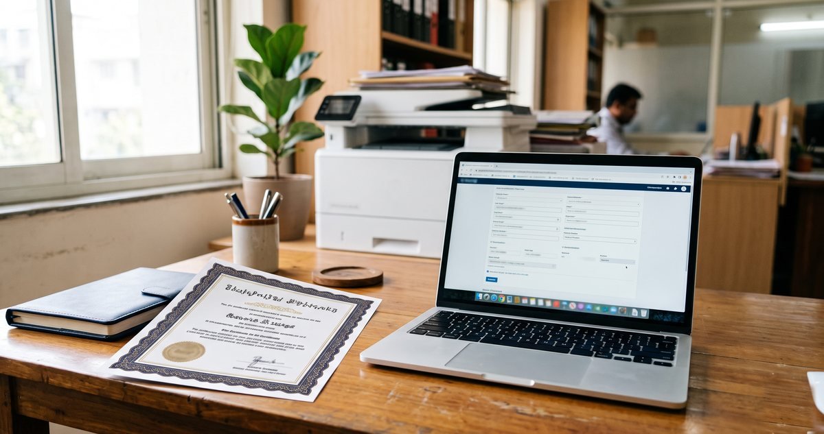 A certificate-style document beside a laptop and office printer, illustrating e-stamp paper in Punjab