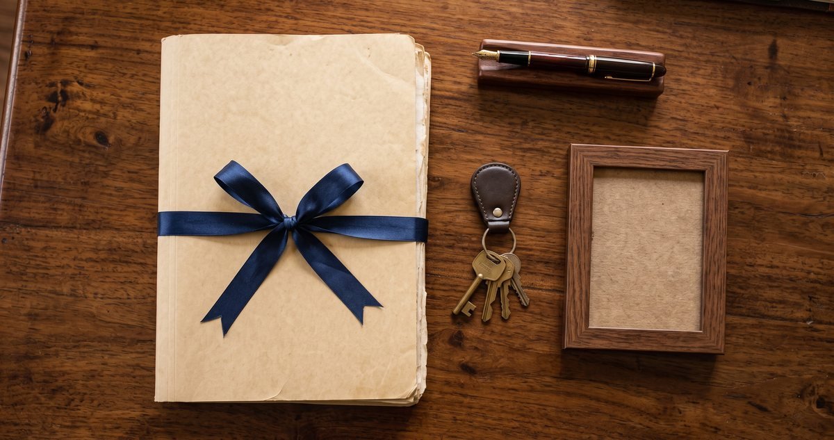 A ribbon-bound court file with house keys and an empty picture frame on a desk, illustrating a guardianship certificate application in Pakistan