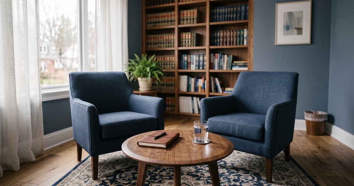 A quiet, empty consultation room with two armchairs and a low table, illustrating a private space to discuss a harassment complaint in Pakistan