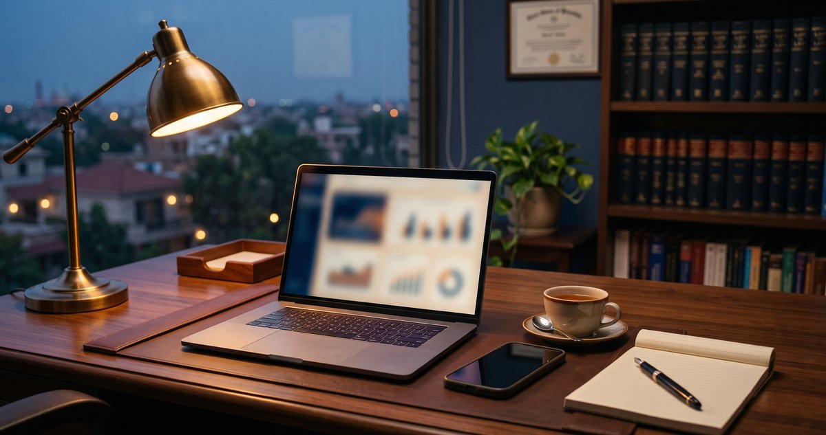 A lawyer's desk at dusk with a laptop, smartphone and notepad, illustrating how to report a cybercrime complaint in Pakistan