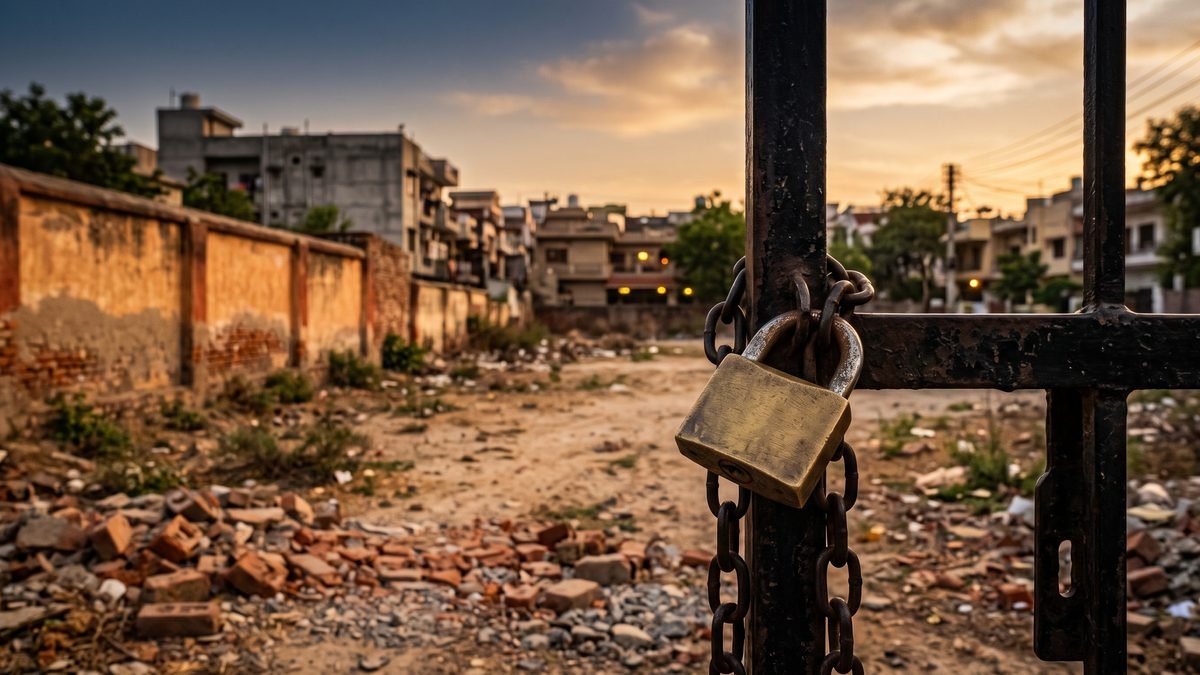A padlocked iron gate in front of an empty residential plot in Lahore at golden hour, with a boundary wall and scattered bricks, illustrating a property case under the Illegal Dispossession Act 2005