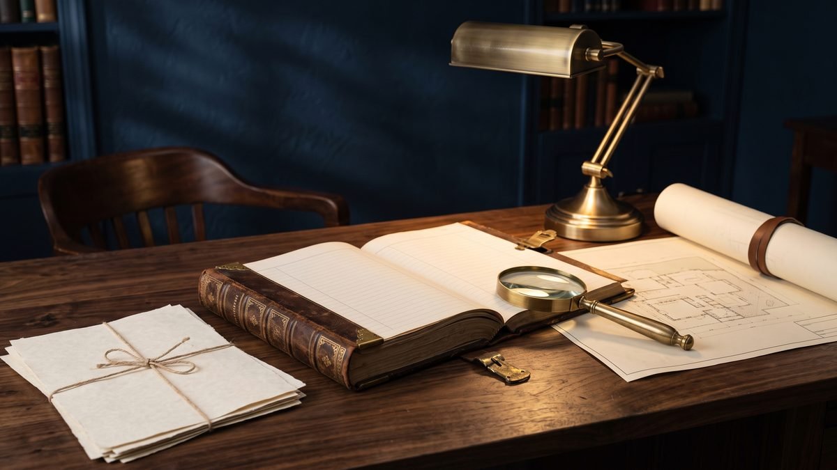 Property documents, a land record register and a site plan spread on a lawyer's desk beside a brass desk lamp, illustrating the ownership proof needed under the Illegal Dispossession Act 2005