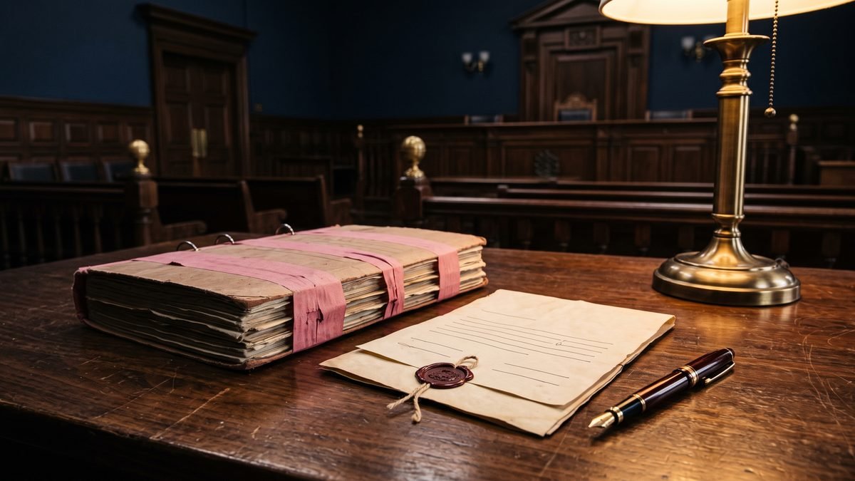 A court file tied with tape and a sealed power of attorney on a wooden table in a Lahore courtroom, the papers counsel uses to file for a client abroad