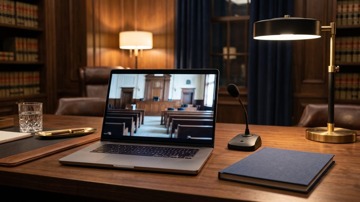 A laptop showing a blurred courtroom beside a desk microphone and a closed notebook, the kind of video-link set-up a court may allow for an overseas litigant