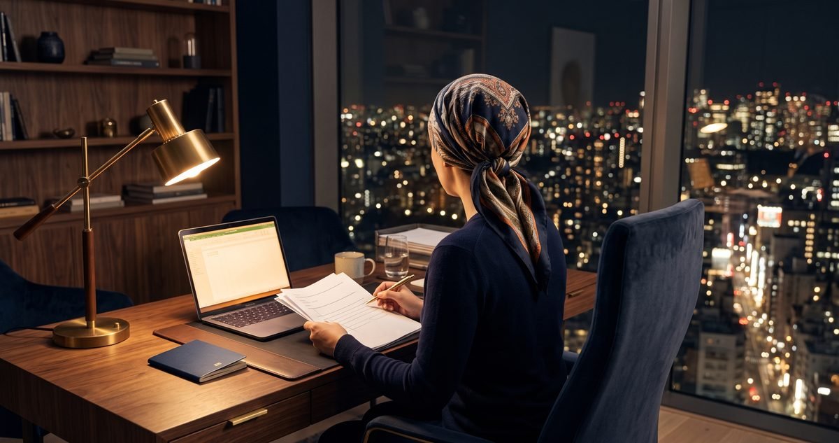 A woman in a headscarf, seen from behind, reviews papers beside a laptop and passport in a flat abroad at night, preparing for khula from abroad