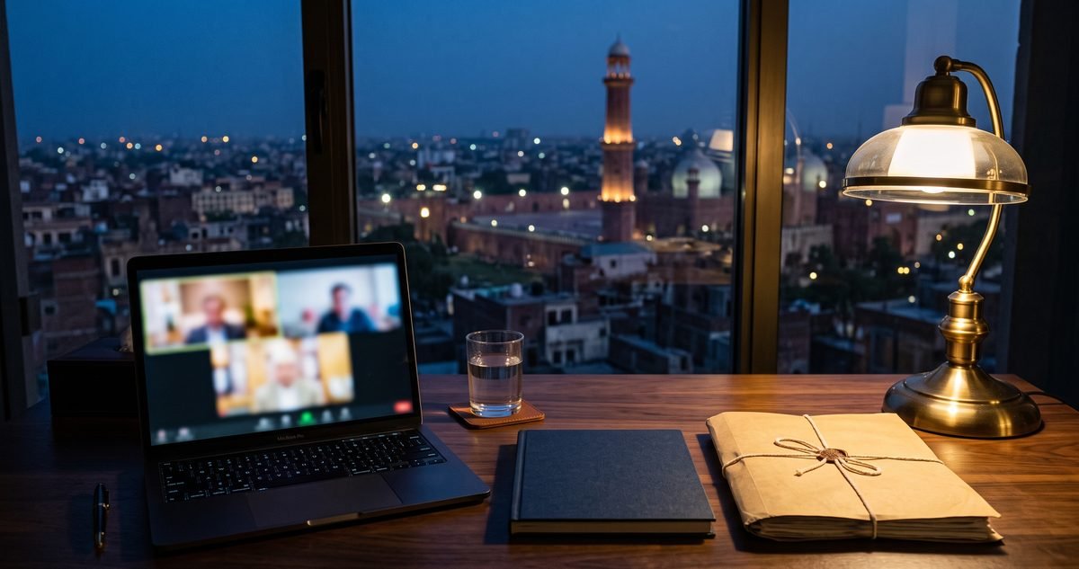 A laptop on a video call, a notebook, a tied property file and a brass lamp on a desk overlooking Lahore at dusk, illustrating a lawyer for overseas Pakistanis