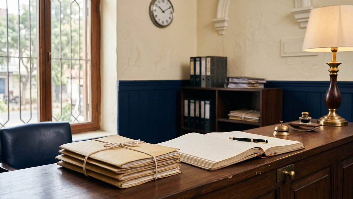 A Union Council counter in Lahore with stamped file folders, a pen and an open register, illustrating the Union Council step before a NADRA divorce certificate