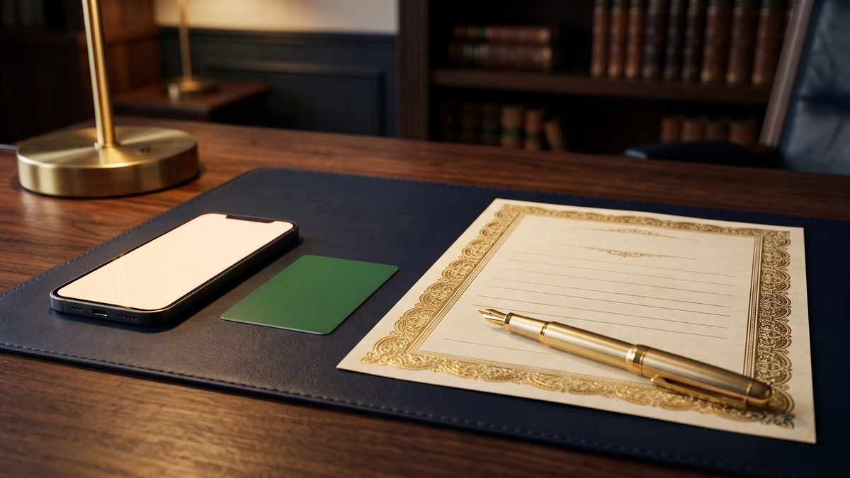 A smartphone with a blank app screen beside an identity card, nikah nama and pen on a desk, illustrating an online NADRA divorce certificate application