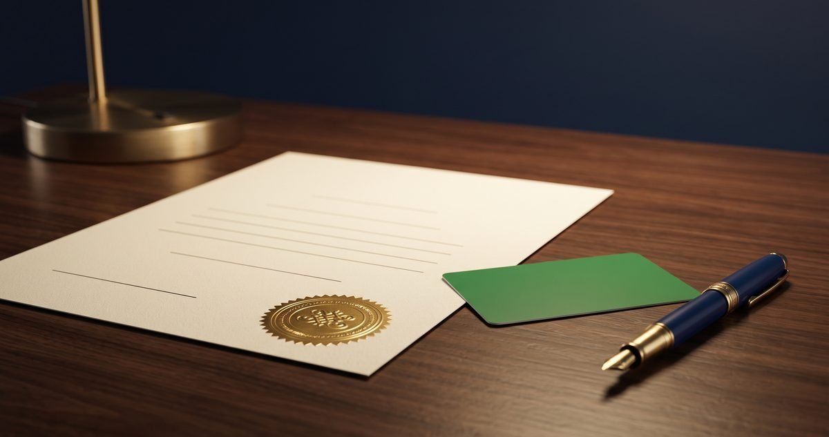 A formal certificate with an embossed seal, blank identity card and fountain pen on a dark wooden desk, illustrating a NADRA divorce certificate in Pakistan