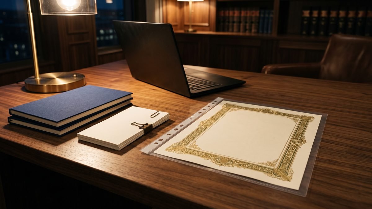 A bordered marriage document in a clear sleeve beside two closed booklets, clipped pages and a laptop, gathered for a spouse visa application abroad