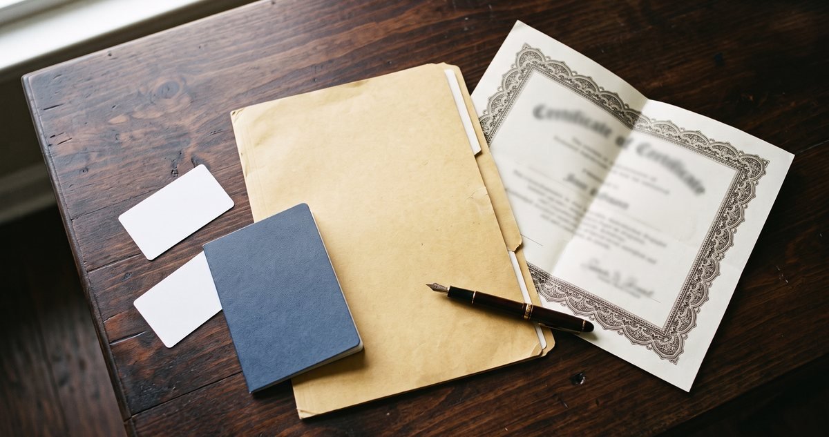 Legal documents on a wooden desk: a file folder, a formal certificate, blank identity cards and a fountain pen, illustrating a NADRA marriage certificate application in Pakistan