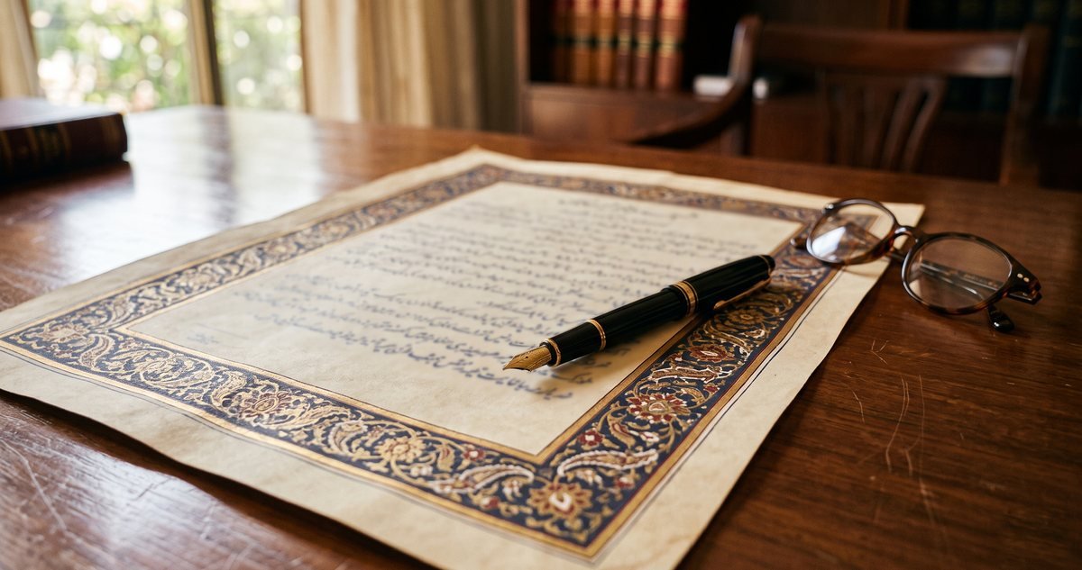 An ornately bordered marriage contract on a desk with a fountain pen and reading glasses, illustrating the nikah nama in Pakistan