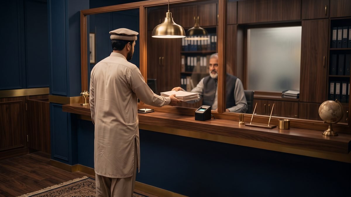 A man seen from behind hands a file across a government service counter with a fingerprint scanner, as one heir must do in person in Pakistan