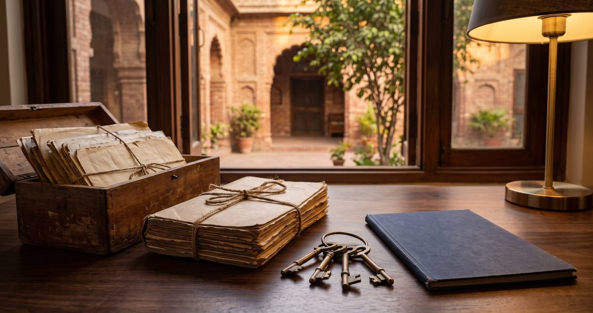 Old family papers, a property file, house keys and a notebook on a desk facing a Lahore courtyard house, illustrating overseas Pakistani inheritance