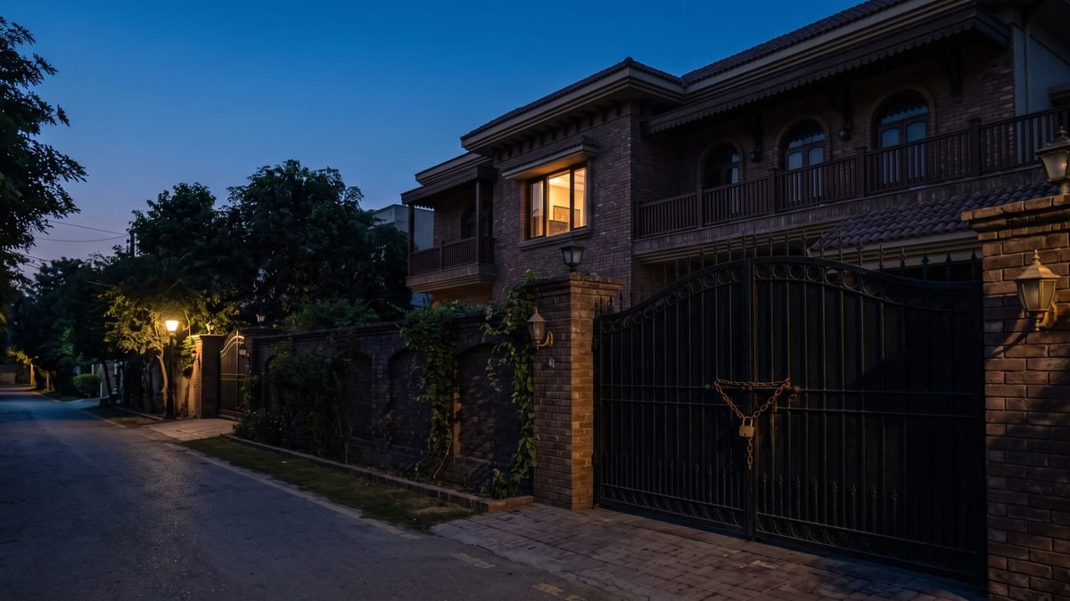 A walled family house in a Lahore neighbourhood at dusk with its iron gate chained shut and a light on upstairs, occupied while the owner lives abroad