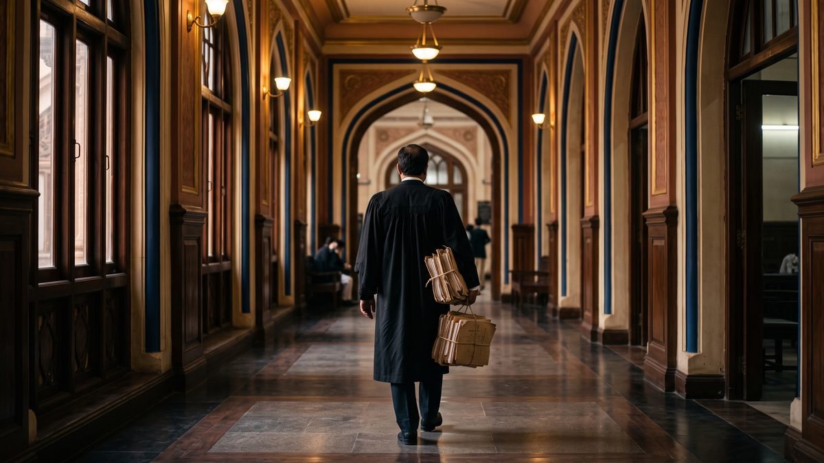 A lawyer in a black coat, seen from behind, carries tied case files along a Lahore court corridor on the way to a hearing