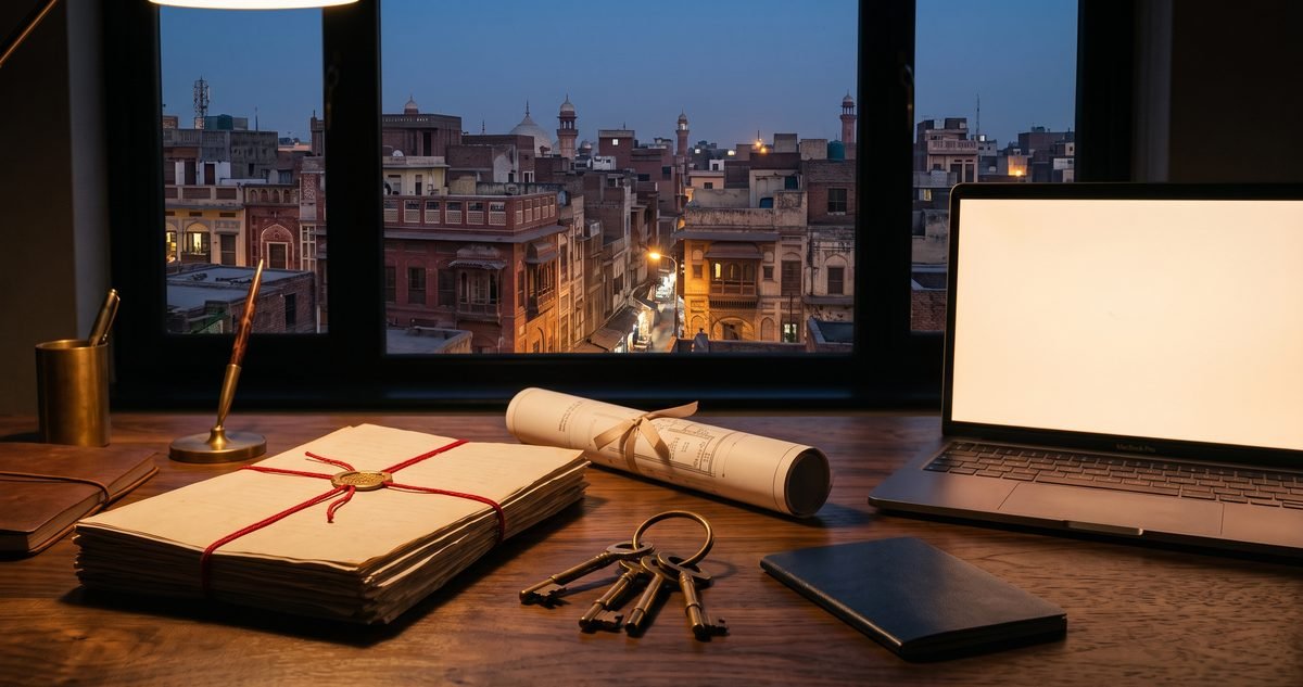 Property papers tied with red string, a site plan, house keys and a passport on a desk in Lahore, illustrating an overseas Pakistani property dispute