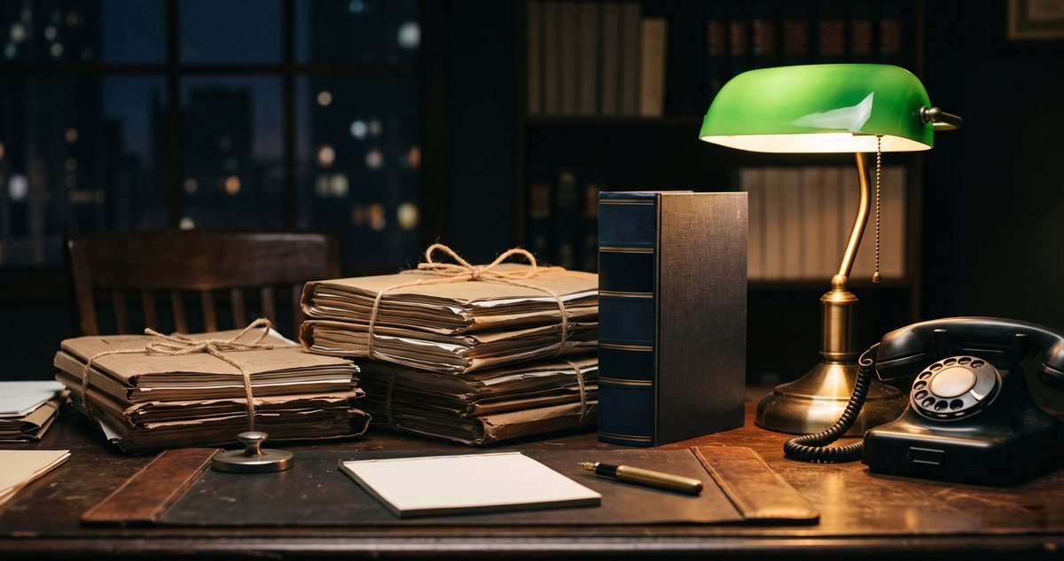 An advocate's desk at night with bundled case files, a law volume and a desk lamp, illustrating urgent post-arrest bail preparation in Pakistan