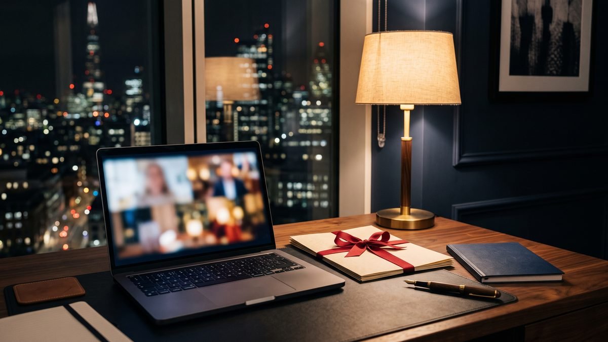 A laptop on a video call beside a ribbon-tied document, a pen and a closed booklet, like the mission video interview in the NADRA online POA route