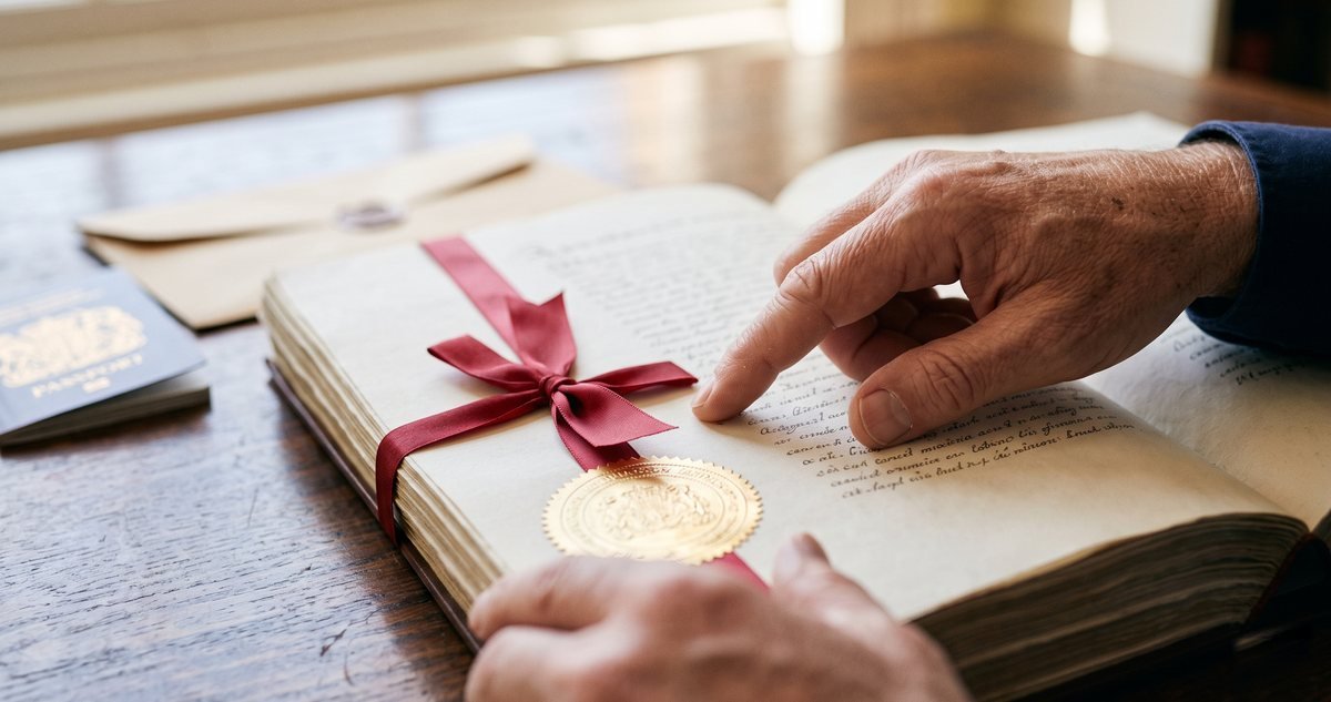 Hands reviewing a ribbon-bound legal document with an embossed seal beside a passport, illustrating a power of attorney in Pakistan
