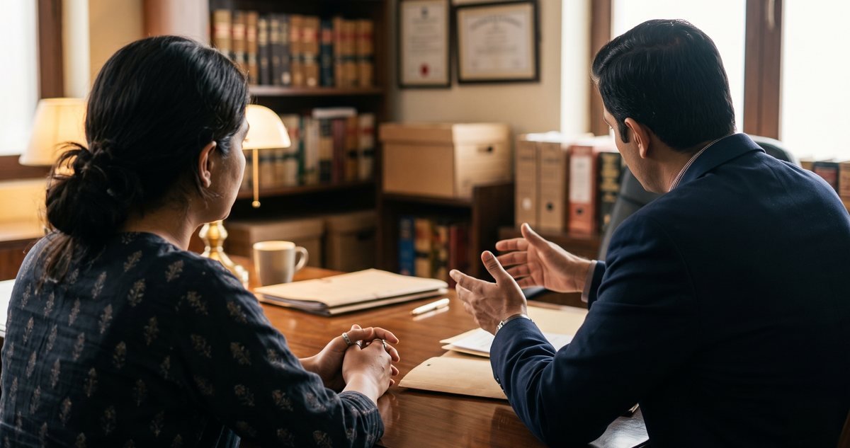 A lawyer and a client in discussion across a desk in a law office, illustrating advice on second marriage law in Pakistan