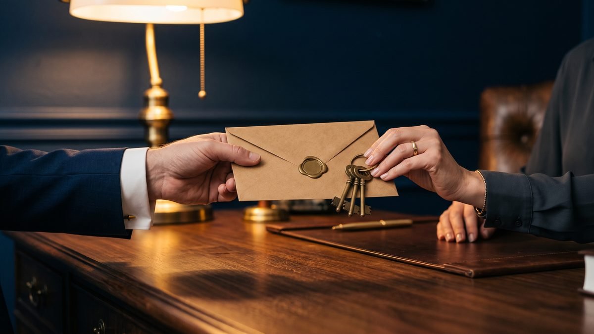 Two hands passing a sealed envelope and keys across an office desk, illustrating property entrusted to someone under section 406 PPC