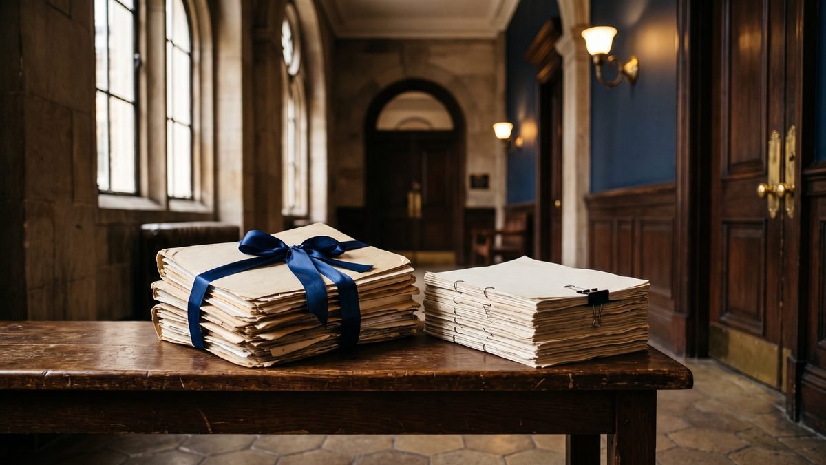 A ribbon-tied criminal case file and a bail application bundle on a wooden bench outside a courtroom, illustrating a bail hearing in a section 406 PPC case