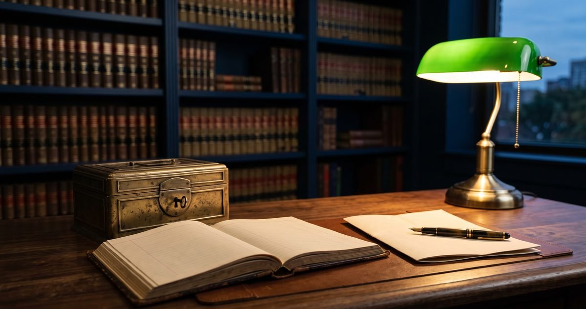 A locked cash box beside an open ledger and signed agreement on a lawyer's desk at dusk, illustrating section 406 PPC