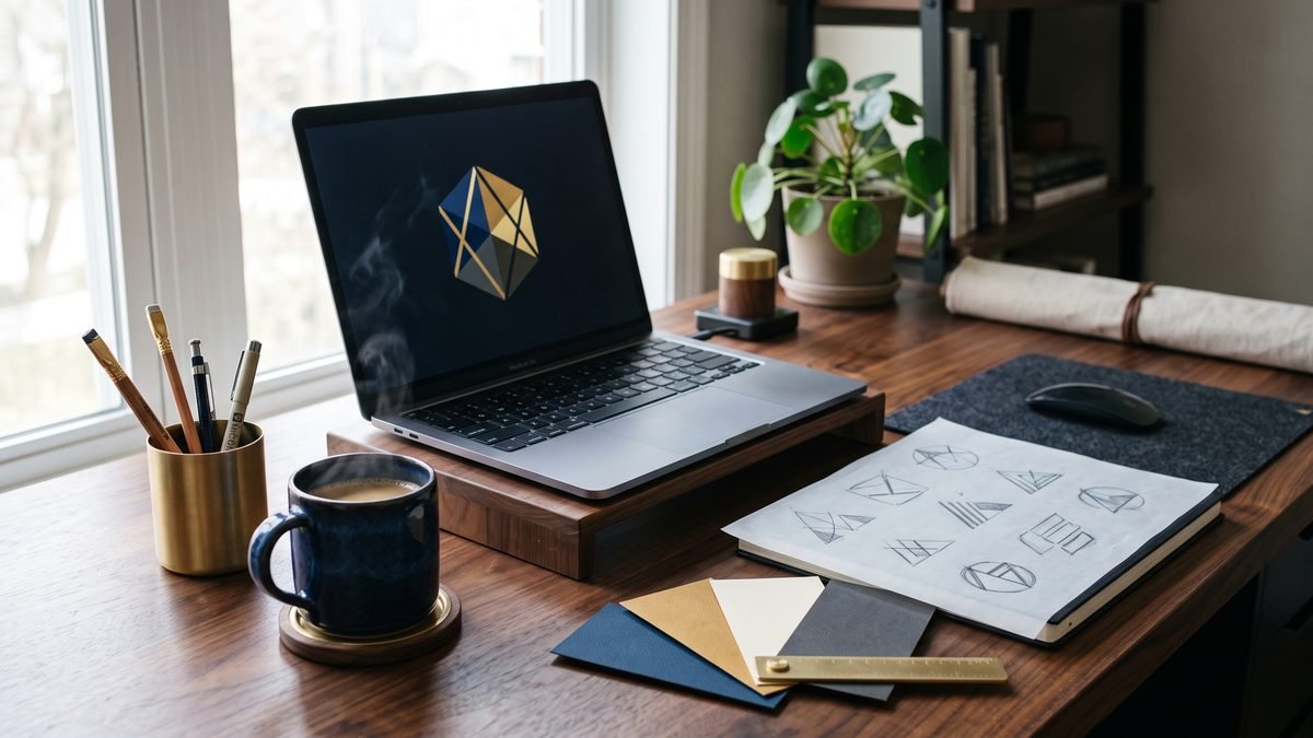A laptop, printed logo sketches on tracing paper and a brand style board on a design studio desk, illustrating preparing a mark for trademark registration in Pakistan