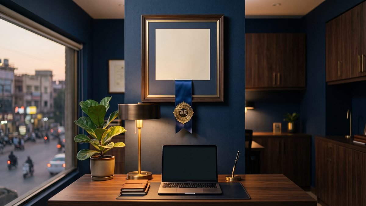 A framed certificate with a gold seal and ribbon hanging on the wall of a small Lahore business office, illustrating a completed trademark registration in Pakistan