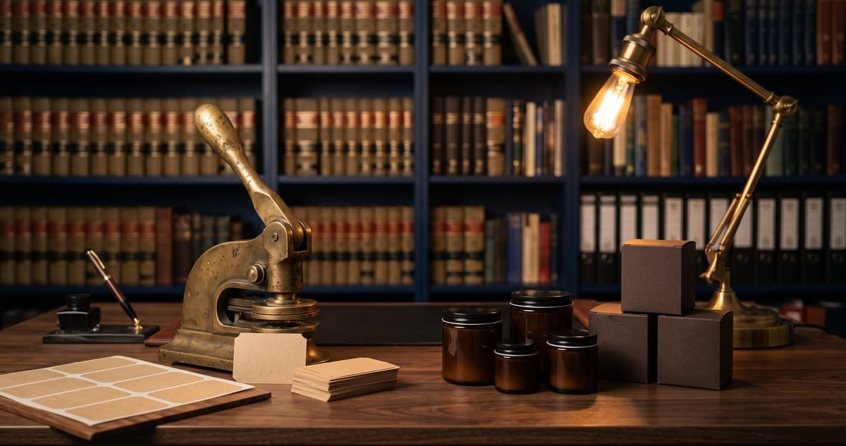 A brass registration seal, blank brand labels and plain product packaging on a lawyer's desk, showing trademark registration in Pakistan