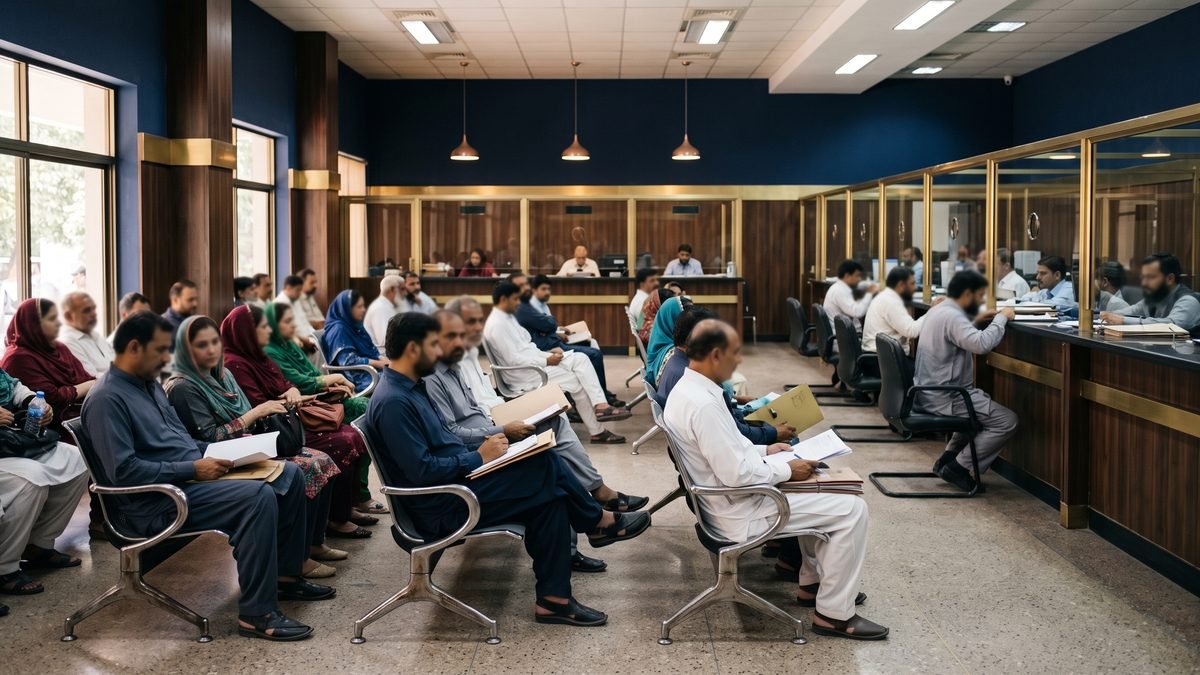 اراضی ریکارڈ کے سروس سنٹر میں شیشے کے کاؤنٹروں کے سامنے فائلیں لیے انتظار کرتے مرد اور خواتین