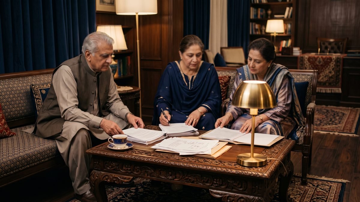 گھر کی بیٹھک میں نقش دار میز کے گرد بیٹھے خاندان کے بزرگ نکاح نامہ اور دوسرے کاغذات دیکھ رہے ہیں